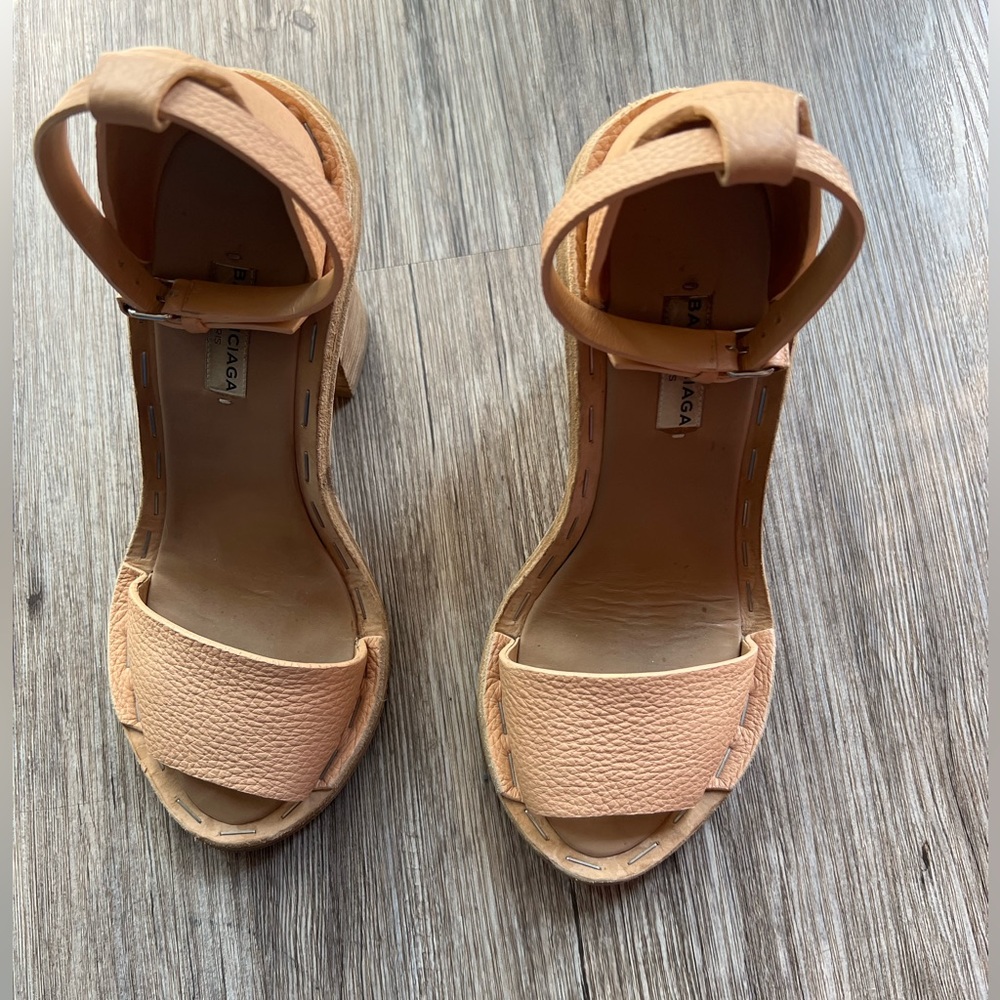 Balenciaga Light Brown Leather Ankle Strap Block Heel Sandals